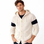 Men’s Cream Hooded Knit Cardigan Sweater Size L 100% Cotton