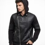 GUESS Men’s Hooded Faux Leather Jacket Black Size L