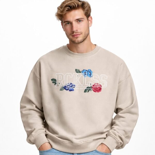 Urban Man XL Beige Crewneck Sweatshirt Floral “Reckless” Like New