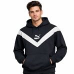 PUMA Men’s Vintage Style V-Stripe Hoodie Black White Logo Pullover Size L