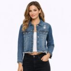 Suko Jeans Women’s Studded Denim Jacket L Crop Frayed Hem NWT