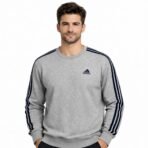 Adidas Men’s Grey Navy 3-Stripes Crewneck Sweatshirt – Size L