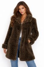 Vintage 90s Kage Faux Fur Leopard Coat Women’s L/XL Brown Made in Canada