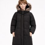 Post Card Italy Long Down Parka Fur Hood Black Womens Coat Made Italy