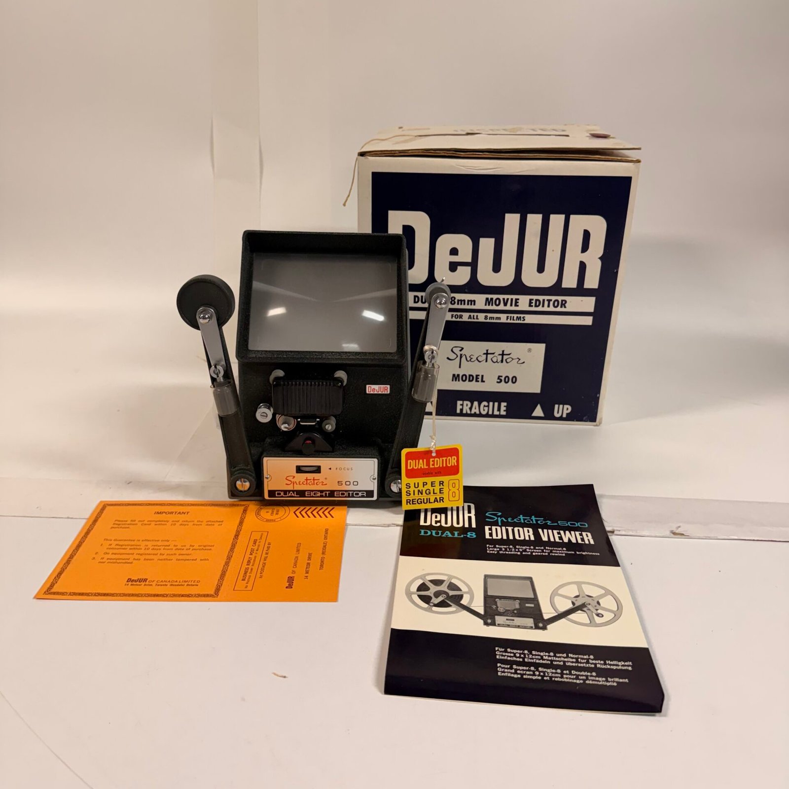 IMG_5543 Vintage DeJUR Spectator 500 Dual 8 Film Editor Viewer Super 8 Box Manual - Image 1