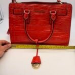 Michael Kors Red Croc Embossed Leather Satchel Shoulder Bag Gold Hardware - Image 5