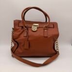 Michael Kors Hamilton Brown Leather Satchel Shoulder Bag Gold Lock MK Large