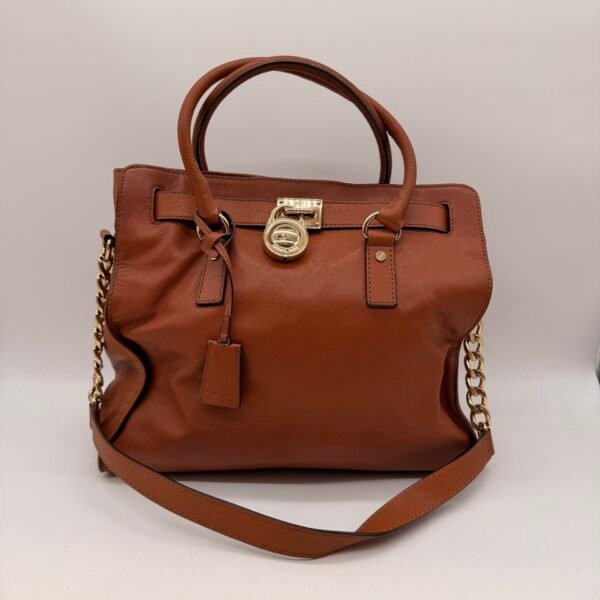 Michael Kors Hamilton Brown Leather Satchel Shoulder Bag Gold Lock MK Large