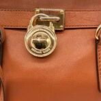 Michael Kors Hamilton Brown Leather Satchel Shoulder Bag Gold Lock MK Large - Image 2