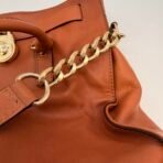 Michael Kors Hamilton Brown Leather Satchel Shoulder Bag Gold Lock MK Large - Image 10