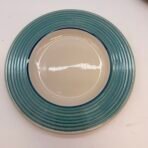 Gibson Housewares Set of 4 Dinner Plates Green Ribbed Rim Stoneware