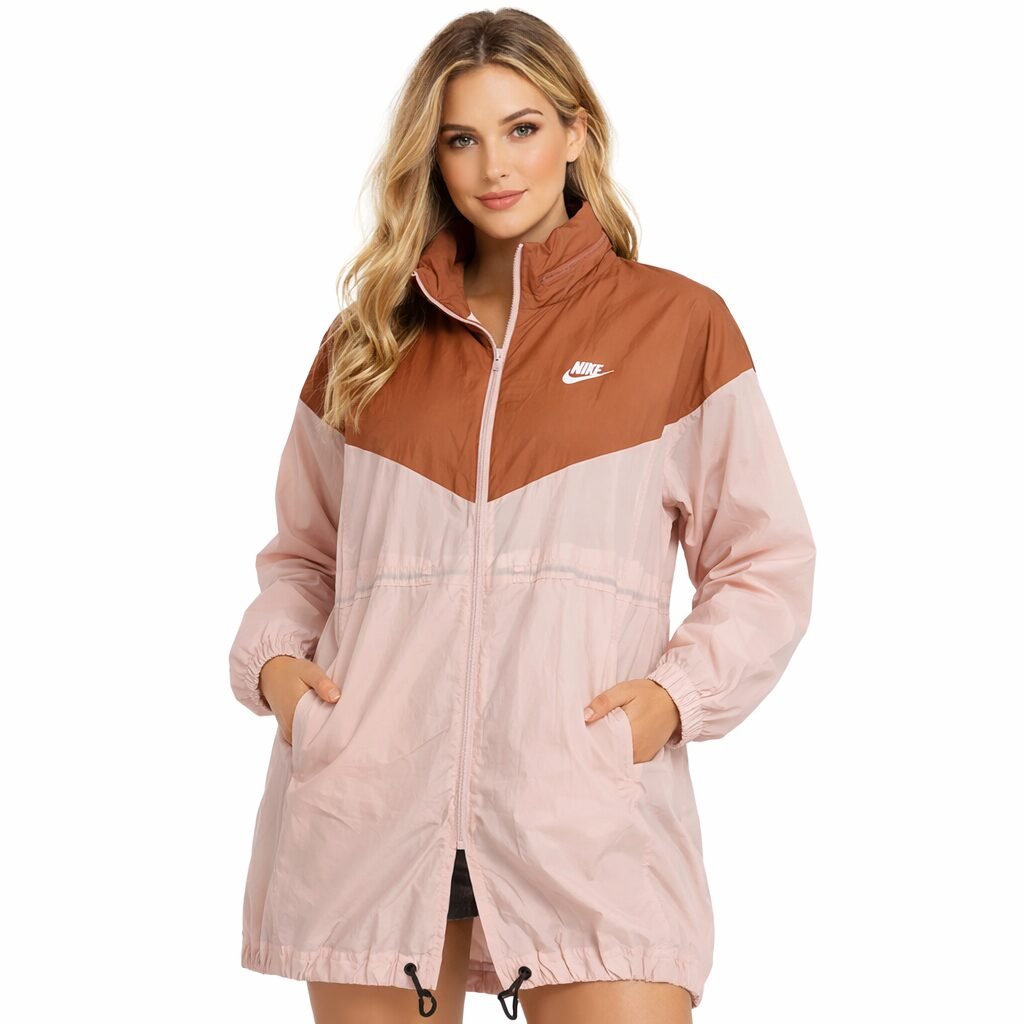 2797D0AB-B26B-4959-BD30-72050AFDAE59 Nike Women’s Windrunner Jacket XL Pink Brown Long Windbreaker New With Tag - Image 1