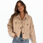 American Eagle Distressed Denim Jacket Beige XL NWT Frayed Hem Ripped Casual
