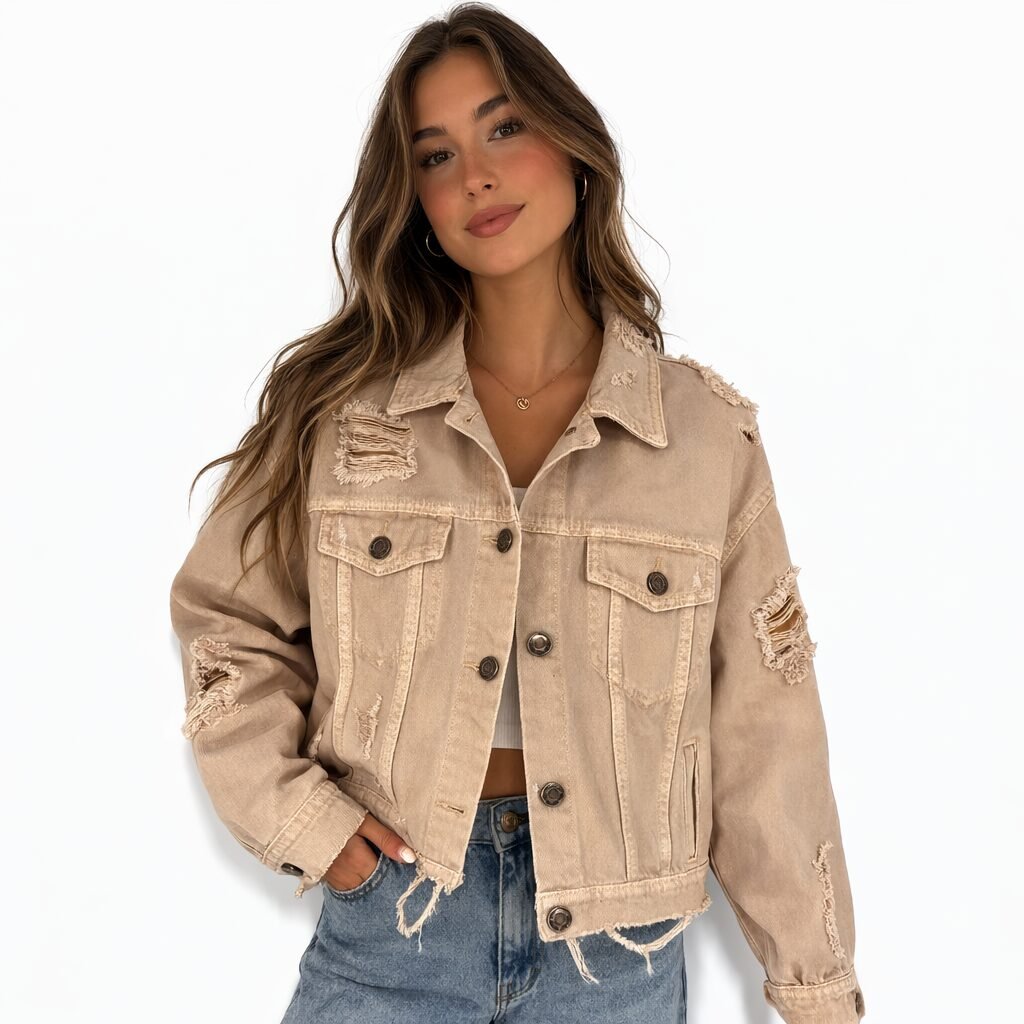 BD15B9EF-E215-4164-A51E-48B06EE0D3ED American Eagle Distressed Denim Jacket Beige XL NWT Frayed Hem Ripped Casual - Image 1