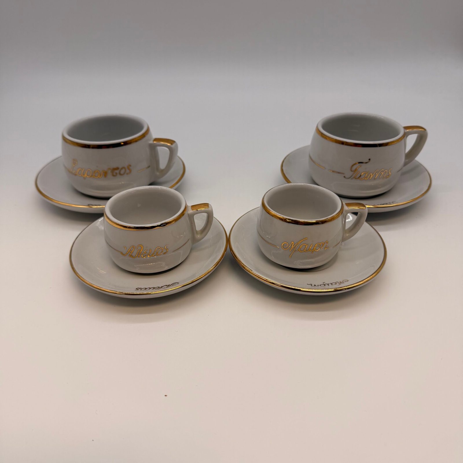 IMG_9058 Vintage IONIA Hellas Greece Espresso Cups Gold Demitasse Set 4 Porcelain - Image 1