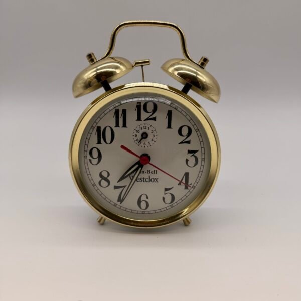 Vintage Westclox Twin Bell Alarm Clock Gold White Mechanical