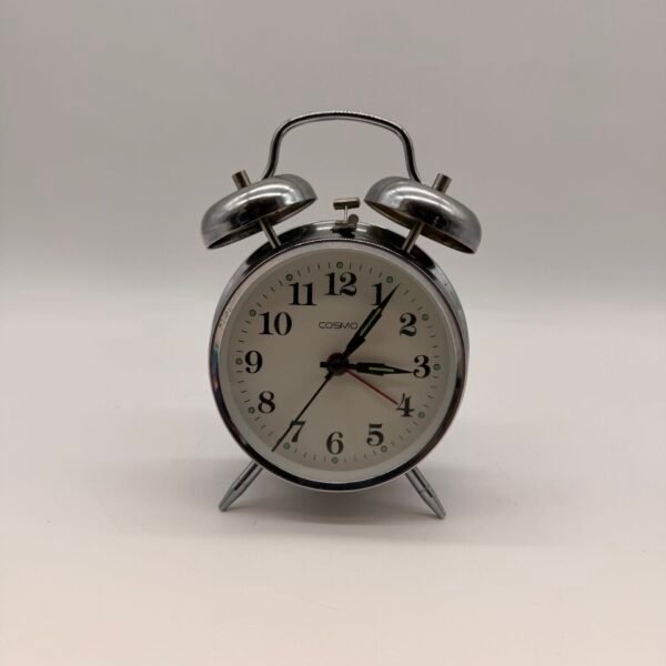 Vintage COSMO Twin Bell Alarm Clock Silver Metal Wind Up Retro Desk Works