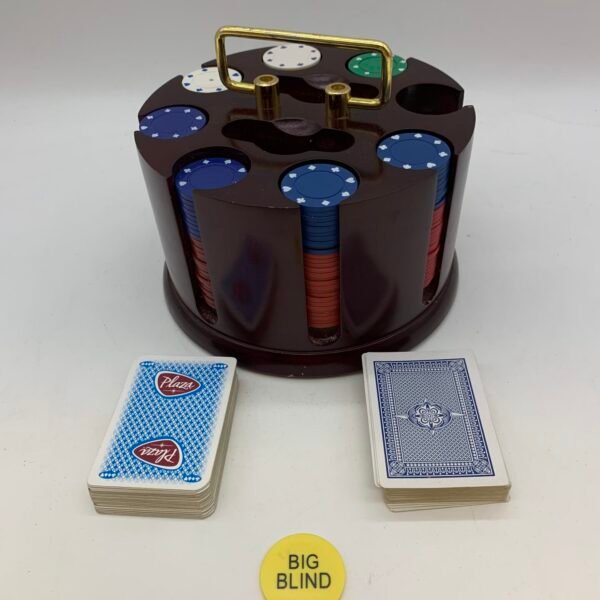 Vintage Wooden Poker Chip Carousel Set 214 Chips 2 Decks Cards Casino Caddy