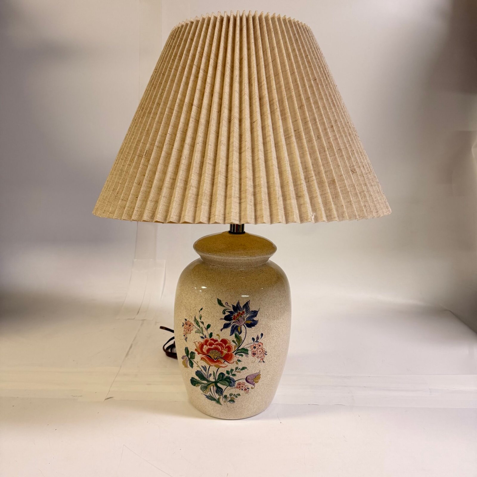 IMG_4684 Vintage 1980 Floral Ceramic Table Lamp Leviton Socket Pleated Shade 24” - Image 1