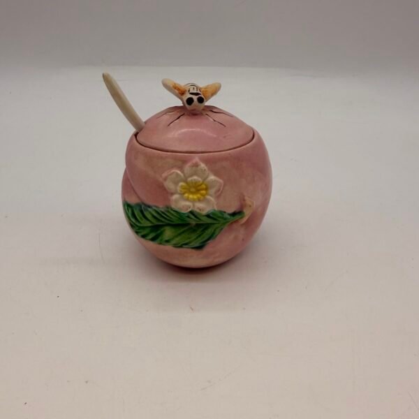 Vintage Japan Pink Apple Honey Pot Jam Jar Bee Lid Spoon #8426 Ceramic 1950s