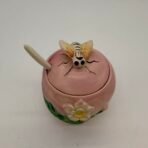 Vintage Japan Pink Apple Honey Pot Jam Jar Bee Lid Spoon #8426 Ceramic 1950s - Image 2