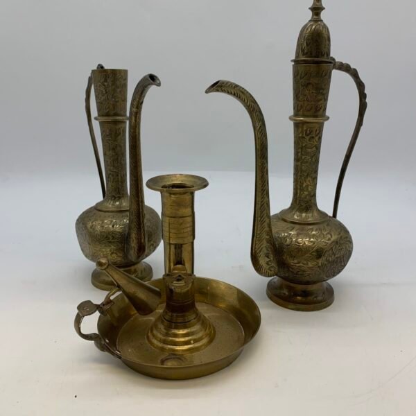 Persian Style Engraved Copper Brass Ewer Set With Candlestick Tray