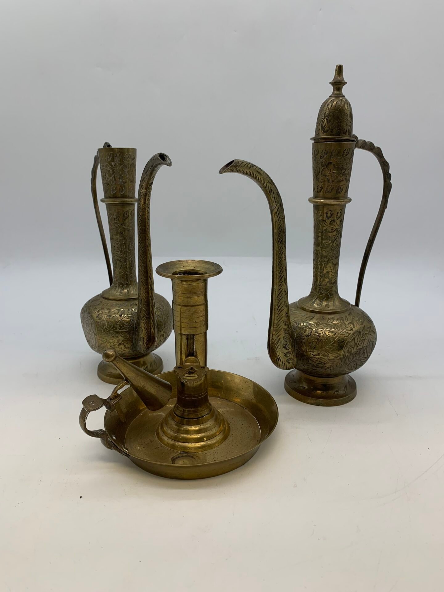 IMG_5823 Persian Style Engraved Copper Brass Ewer Set With Candlestick Tray - Image 1