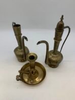 Persian Style Engraved Copper Brass Ewer Set With Candlestick Tray - Image 2