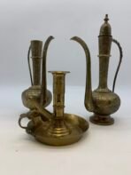 Persian Style Engraved Copper Brass Ewer Set With Candlestick Tray - Image 6