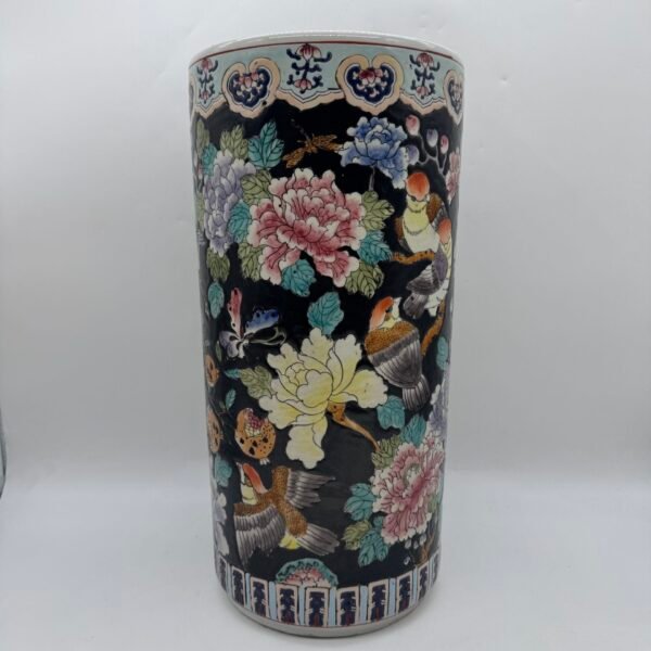 Vintage 1980s Large Chinese Porcelain Floor Vase Black Floral Bird Motif 18" Decorative