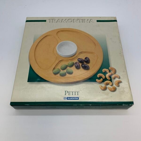 Tramontina Petit Round Wooden Appetizer Serving Tray w/ Porcelain Bowl Brazil